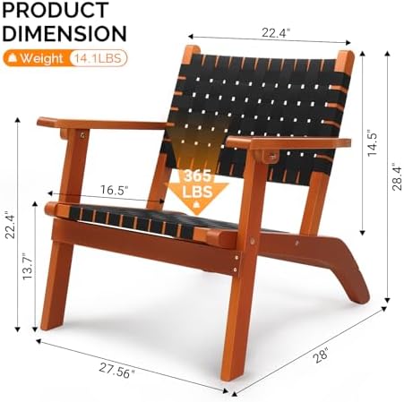 VINGLI Outdoor Armchair, Wooden Adirondack Chair All-Weather Wooden Patio Chair with Waterproof PE Woven Fabric, Porch Chair for Garden, Lawn and Poolside (2, Black and Brown)