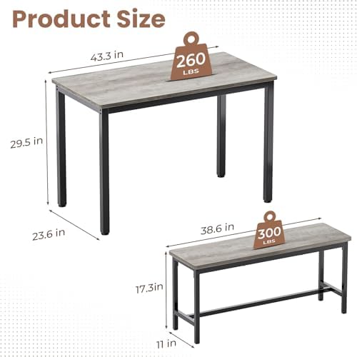 Dining Table Set for 4, 3 Piece Dining Room Table Set for Space-Saving, Modern Kitchen Table with 2 Benchs for Apartment Breakfast Nook and Samll Space, Grey