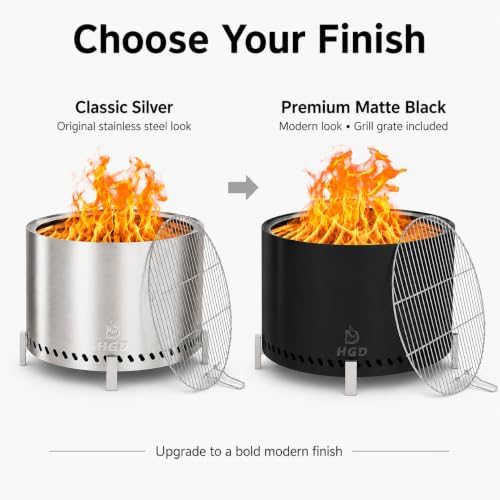 HGD 27.5" Smokeless Fire Pit with Stand & Grill Rack, Large Stainless Steel Wood Burning Firepit with Secondary Combustion, Backyard Patio Stove for Outdoor, Garden, BBQ & Bonfire (Silver)