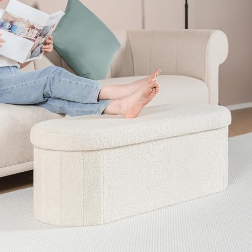 B FSOBEIIALEO 43.3" Sherpa Ottoman with Storage for Living Room,Cream White