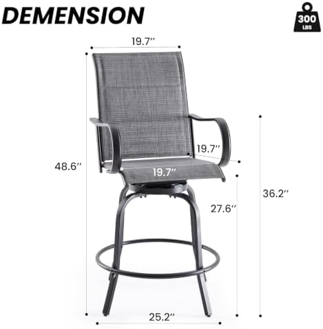 Patio Swivel Bar Stools Set of 2，All-Weather Outdoor High Bistro Stools with Textilene Fabric for Outside, Beach, Lawn, Poolside and Garden (Black/Dark Grey)