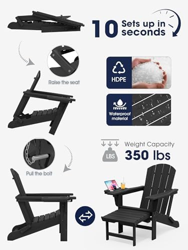 KINGYES Adjustable Folding Adirondack Chair with Footrest & 4-in-1 Multi-Functional Armrest Organizer Set of 2, HDPE Foldable Recliner Adirondack Chair with Pull-Out Ottoman, Black