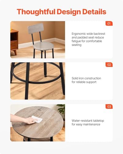 VEVOR Bar Table and Chairs Set, 3PCS 23.5″ Bars Tables Set with Rounded Corner Design, Round Pub Table with Two Stools for Office Desk, Breakfast Corner, Mini Bars, Light Gray, Black