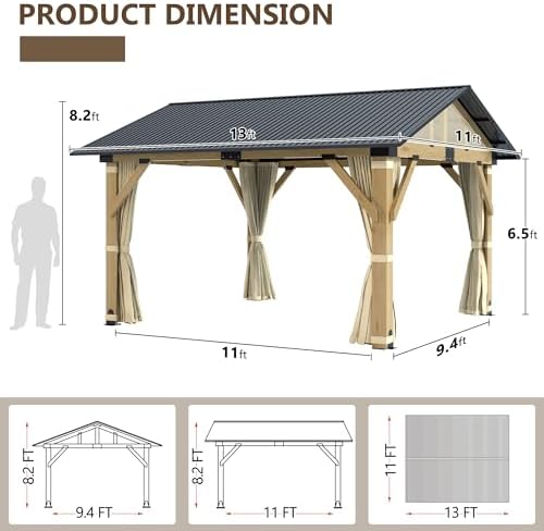 11'x13' Wood Gazebo, Outdoor Hardtop Gazebo, Cedar Frame Wooden Gazebos with Waterproof Steel Roof, Fit Patio, Backyard, Garden, Lawns, Porch (Curtains & Netting Included)