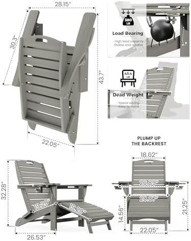 Ciokea HDPE Folding Adirondack Chair with Footrest,Grey,1