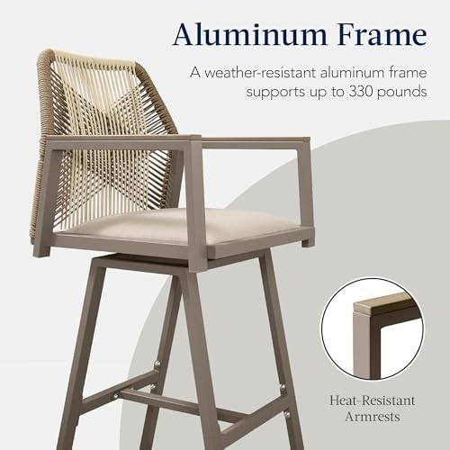 Best Choice Products Outdoor Bar Stools Set of 2, Bar Height, 360° Swivel Aluminum Frame, All-Weather Woven Rope Chair Design w/Armrests - Taupe/Sandstorm