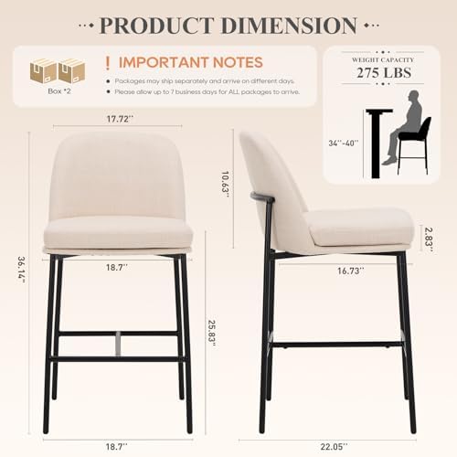COLAMY Counter Height Bar Stools Set of 4, 25 Inch Modern Fabric Kitchen Island Stools with Back, Upholstered Counter Barstools Armless Bar Chairs with Metal Legs for Island Dining Room Bar, Beige