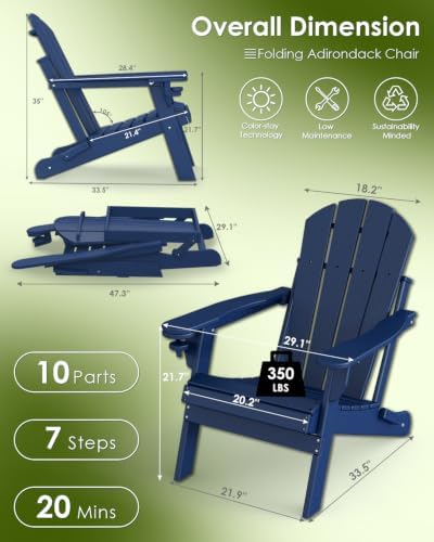 GREENVINES Folding-Adirondack-Chairs Set of 2, HDPE All Weather, Blue