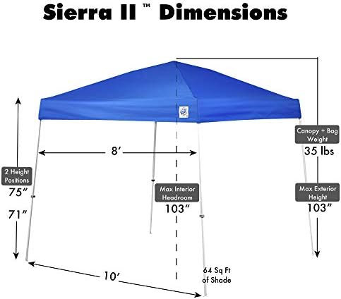 E-Z UP Sierra II Instant Pop Up Outdoor Canopy 10' x 10', Roller Bag and 4 Piece Spike Set, Royal Blue