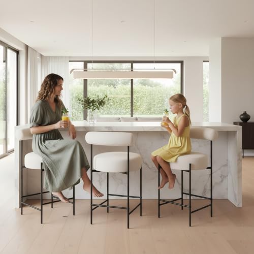 ROCITY Beige Modern Bar Stools Set of 2 Linen Upholstered Counter Stools with Barrel Back 26 Inch Fabric Kitchen Island Chairs with Metal Legs, Cream