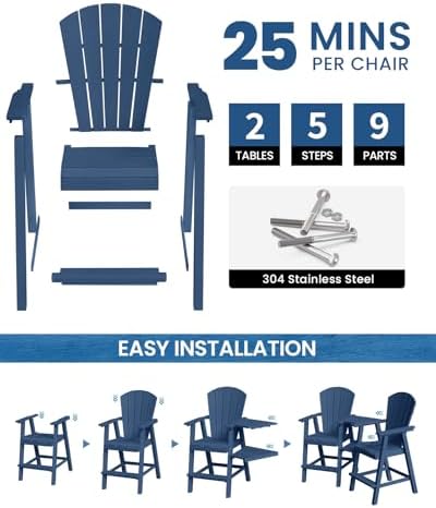 Ciokea Tall Adirondack Chairs Set of 2 with Connecting Trays, Navy Blue