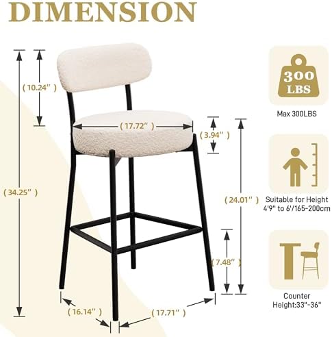 DYHOME Bar Stools Set of 3, 24 Inch White Counter Stools for Kitchen Island