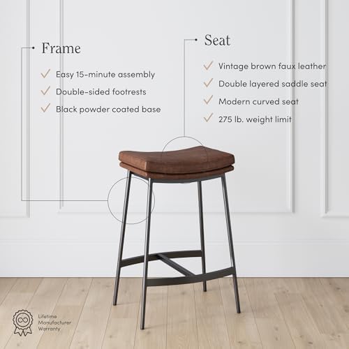 Nathan James Arlo Modern Backless Upholstered Kitchen Counter Bar Stool with Double-Layered Saddle Seat and Black Metal Base, Brown/Matte Black, Set of 2