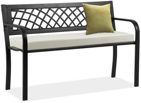 Outdoor Bench,Patio Garden Benches,Metal Weatherproof Porch Bench with Grid-Patterned Backrest and Armrest for Park Courtyard Porch,Bearing Capacity 480lbs,Black