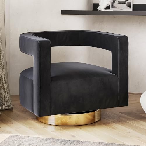 BELLEZE Swivel Barrel Accent Chair Set of 2, Modern Upholstered Arm Comfy Velvet Curved Back Round Chair with Gold Base Wood Frame, 360 Degree for Living Room Bedroom Office,Black