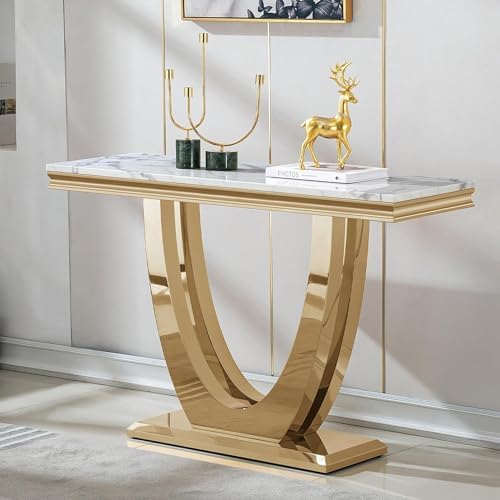 46.85" White Marble Console Table for Living Room, Faux Marble Sofa Table with Stainless Steel U-Base, Mid Century Modern Console Tables, Luxury Gold Long Narrow Entryway Hallway Tables