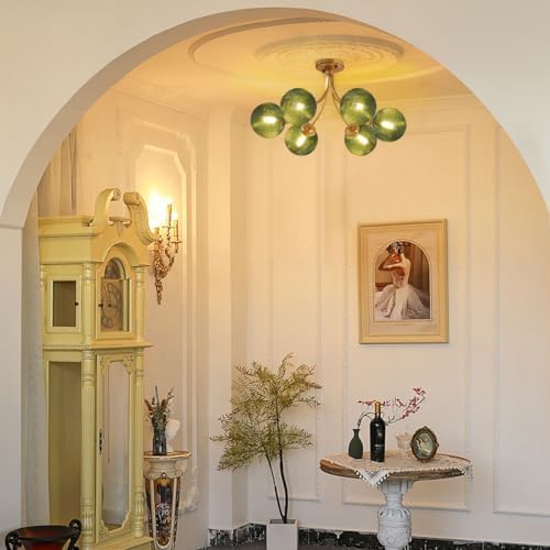 mid century 6-light gold chandelier green flush mount, front angle view