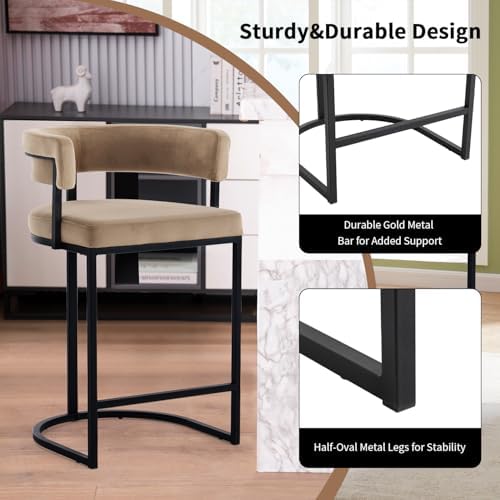 Set of 2 Brown Modern Velvet Bar Stools with Barrel Backrest, Upholstered Seat, and Black Metal Footrest – 25.6-Inch Seat Height, Ideal for Counters, Home Bars, and Kitchen Islands
