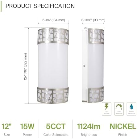 ASD 12 Inch LED Indoor Wall Sconce - Brushed Nickel Modern Dimmable 15W 2700K-5000K Adjustable Wall Mounted Light Fixtures, Wall Lights for Bedroom, Bathroom, Living Room, Hallway Decor - ETL