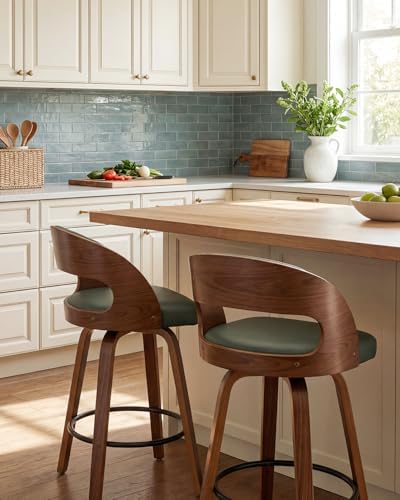 AQG Swivel Bar stools Set of 2 Bar Chairs 26" Counter Height Mid-Century Modern Bentwood Barstool PU Leather Upholstered Bar Chair with Back and Footrest, for Bar, Cafe, Dining, Kitchen Island, Green