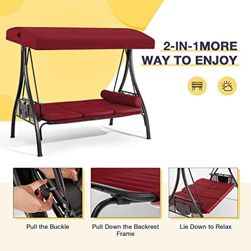 HOMREST 3 Person Porch Swing with Adjustable Canopy, Patio Swing with Stand