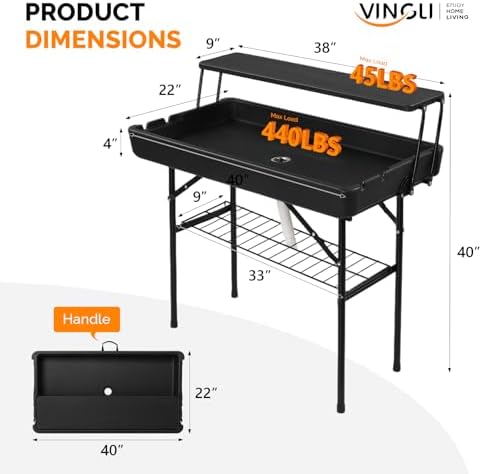 VINGLI Portable Cooler Table with Extra Storage Shelf, Alloy Steel, Black, Picetable Model