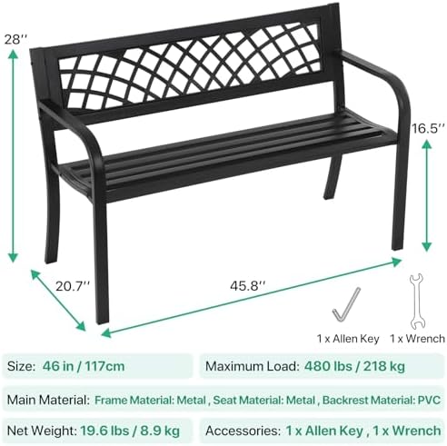 Dkeli Patio Outdoor Bench Park Metal Sturdy Cast Iron Garden Benches Porch Chair Seat Furniture with Armrests 480BLS Bearing Capacity for Park Yard Deck Entryway, Black