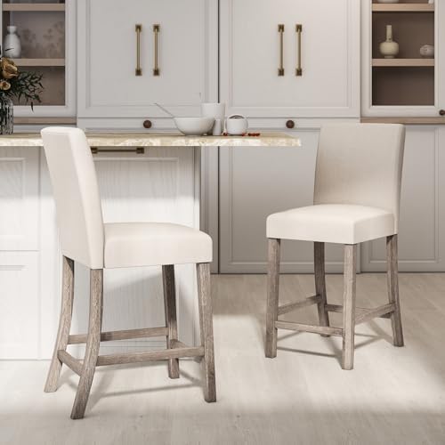 COSTWAY Upholstered Counter Height Chairs Set of 2 with Solid Wood Frame