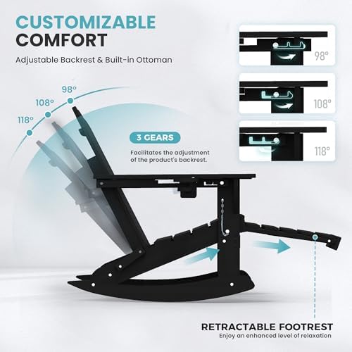 Ciokea Adirondack Rocking Chair with Footrest, Folding HDPE Rocker (Black)