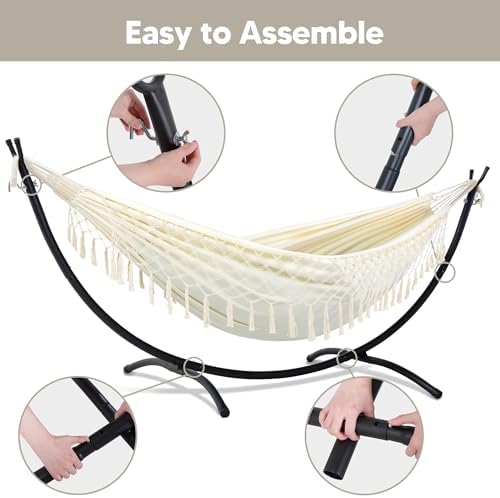 SUNCREAT Portable Outdoor Hammock with Stand Included, Double Hammock with Tassel for Outside, Beige