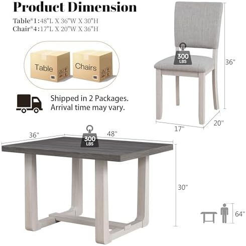 leovanni Rectangle Dining Table Set of 4, 48" Rectangle Kitchen Table and Upholstered Chairs Set for Kitchen, Dining Room, Apartment, Gray