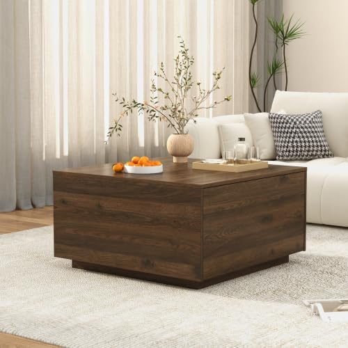 31 Inch Large Square Coffee Table with Storage,Wooden Coffee Table(Walnut)