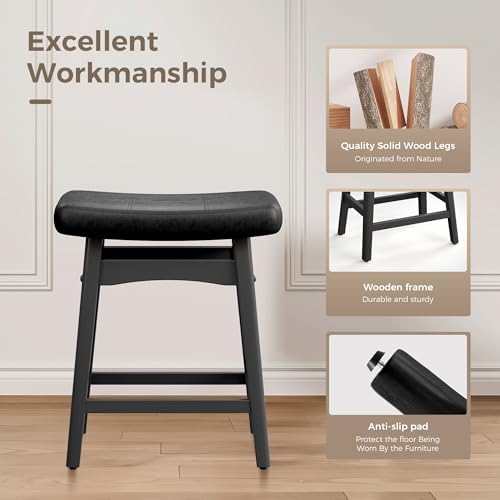 MAISON ARTS 24" Counter Height Bar Stools Set of 2, Black, Black Legs