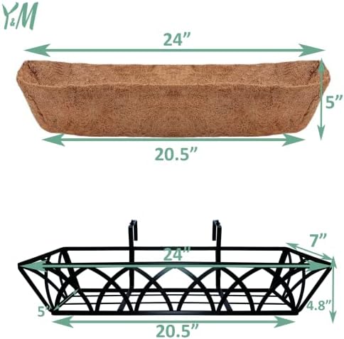 Y&M 4pcs 24 Inch Planter, Metal Window Boxes with Coco Liner, Indoor Outdoor Hanging Flower Planter for Garden, Lawn, Balcony, Porch, Fence, Patio Rail