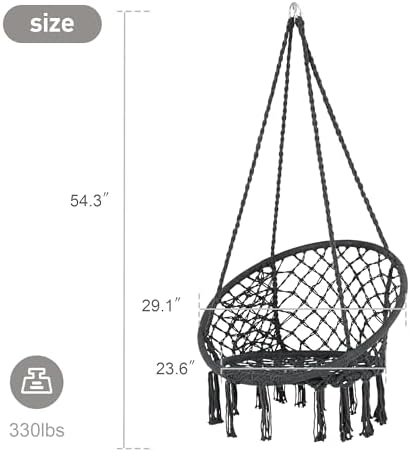 SUNCREAT Hammock Chair Hanging Macrame Swing with Hardware Kits, Grey