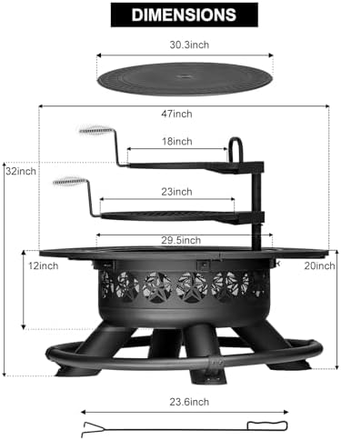 Verdeluxe 47 Inch Outdoor Fire Pit with 2 Grills, Extra Large BBQ Firepits