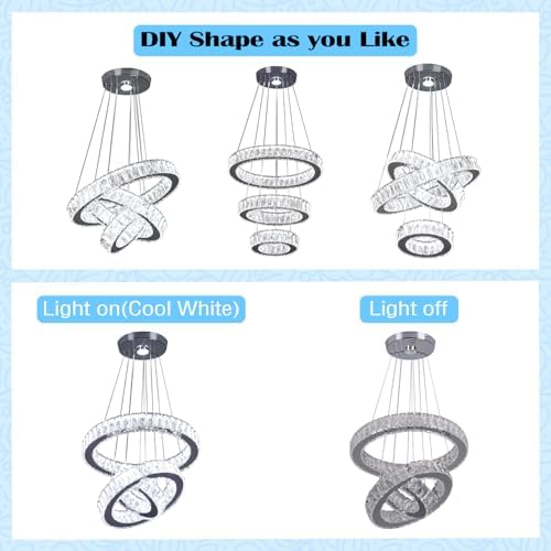 Modern 3-Ring Crystal LED Chandelier, 15.6" Pendant Light Fixture, 52W
