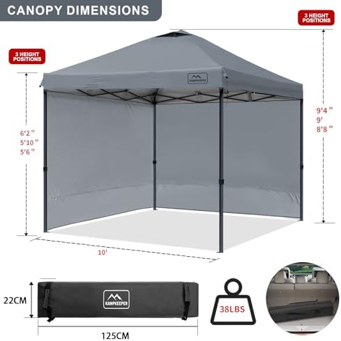 KAMPKEEPER Outdoor Pop-Up Canopy Tent with 2 Sidewalls, Grey, 10 x 10 Ft