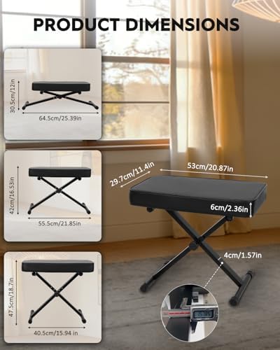 STRICH Piano Bench Folding Stool, Adjustable X-Style Piano Chair with 2.3 inch Thicken Soft Cushion, Keyboard Bench for Musicians, Black, SPB-M15