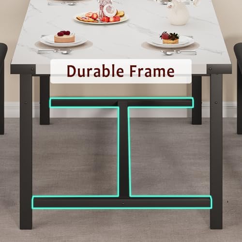 IDEALHOUSE 3 Piece Dining Table Set for 4-6, 63" Extendable Thick Metal Frame Kitchen Table with 2 Upholstered Benches Set for 6, Rectangle Wooden Dinette Table Set for Dining, Apartment, Marble White