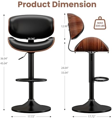 YaFiti Swivel Bar Stools Set of 2, Bar Stools for Kitchen Counter, Black