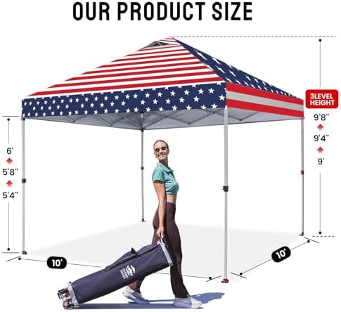 CROWN SHADES 10x10 Pop Up Canopy Tent with One Push Setup, American Flag