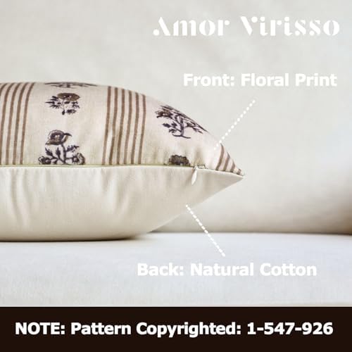 Amor Virisso Floral Throw Pillow Covers 20x20 Set of 2 Block Print Pillow Covers Neutral Floral Striped Farmhouse Decorative Pillow Covers for Sofa Couch Bed, Brown