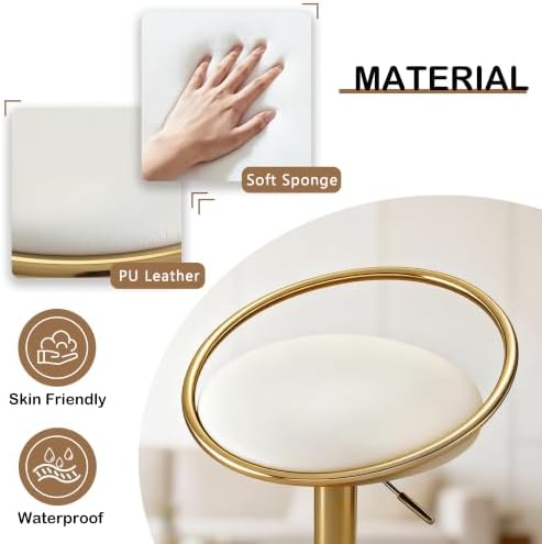 Bar Stools Set of 2, Adjustable Swivel Counter Stools with Upholstered Seat, PU Leather Counter Height Barstools for Bar, Kitchen Island, Dining Room, Gold