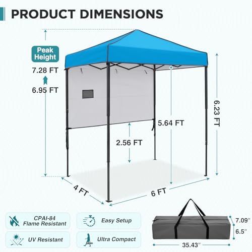 EAGLE PEAK Instant Pop Up Canopy with Adjustable Sun Wall 6x4, Straight Lightweight Compact Portable Tent with Carry Bag, Light Blue