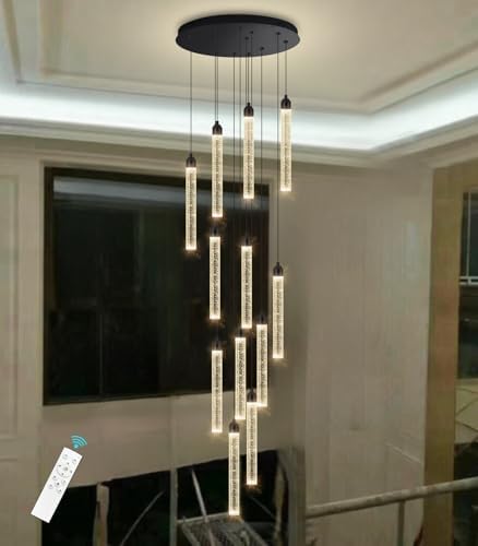 12-Lights Modern Chandeliers for Entryway High Ceiling Chandelier LED Dimmable Long Lights Fixture Pendants Lighting Crystal Chandeliers for Hallway Foyer Living Room Black Finished Lighting