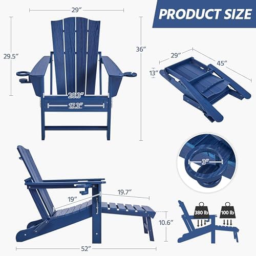 Yaheetech Adirondack Chairs 1pcs Outdoor Folding Set with Ottoman,Navy Blue