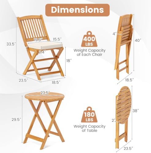 GIANTEX 3 Pieces Acacia Wood Bistro Set, Outdoor Folding Table & Chairs
