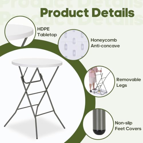 32" Round Folding Table, Portable Bar Height Folding Table with Detachable Legs, Round Foldable Table with HDPE Top for Standing Parties, Balcony, Event, Indoor Outdoor Use (White, 2 Pack)