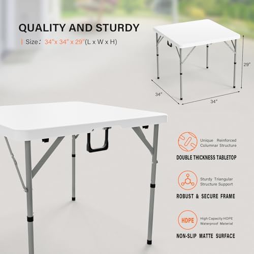 VINGLI 34" Fold in Half Square Table, Bi-Folding Commercial Portable Plastic Dining Table for Kitchen Outdoor Party Wedding Event, White